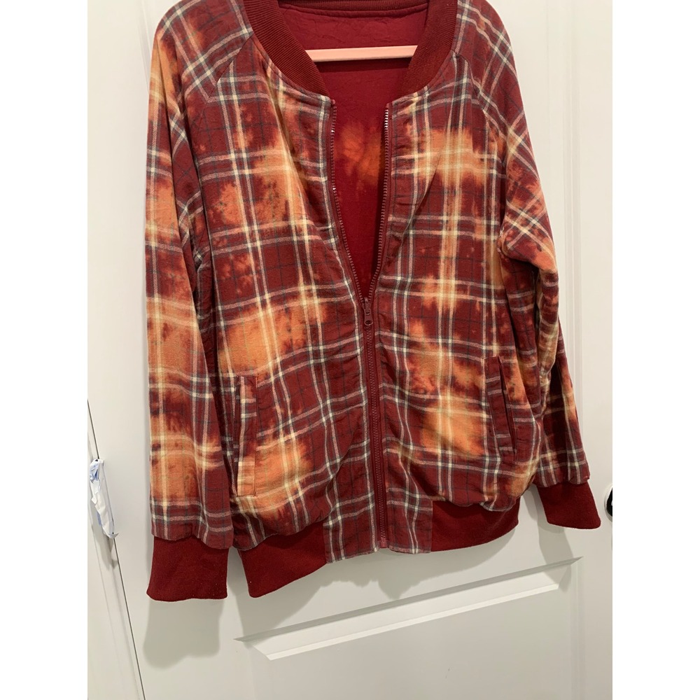 Lucky & Blessed Reversible Bomber Jacket Red Plaid Bleach Wash Zip Up Medium